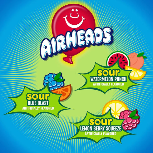 9 Airheads SOUR Candy Bars, Sour Watermelon Punch, Blue Blast, Lemon Berry Squeeze, Bar Movie Theater Box