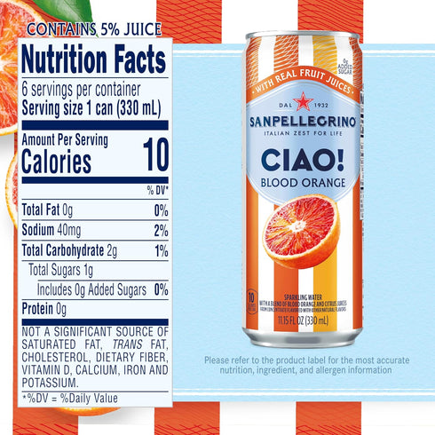 0g 6Pack Sanpellegrino CIAO! Blood Orange Sparkling Water, LowCal, Added Sugar