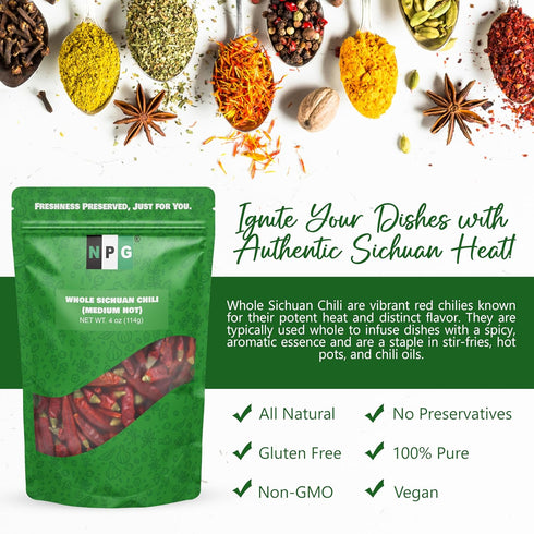NPG Sichuan Red Chili Peppers, 4 Ounces Medium Hot Premium Dried Chilies for Chili Oil, Paste, and Sauce