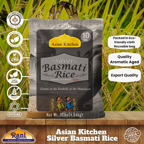 10lbs (4.54kg) Asian Kitchen Silver White Basmati Rice Extra Long Aged ~ All Natural | Gluten Friendly | Vegan | Indian