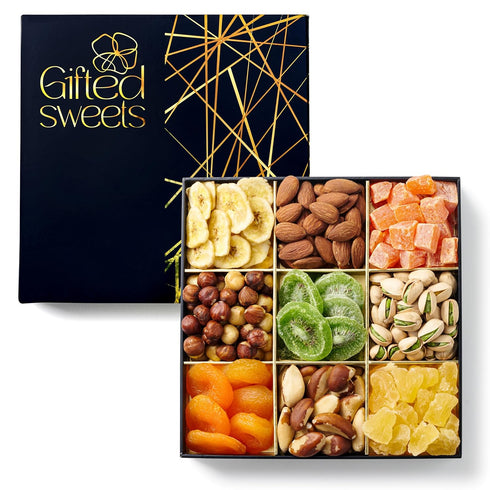 9 Dried Fruit & Nuts Gift Basket - Variety Assortment Mix - Gourmet Dried Fruit and Nuts Snack Box, In An Elegant Gift