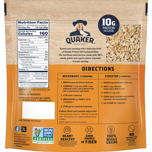 10g 16 oz (Pack 3) Quaker Protein Old Fashioned Rolled Oats, Protein per Serving, Whole Grains, No Preservatives, No