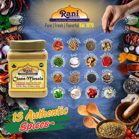 15-Spice 20oz (1.25lbs) 567g Rani Chana Masala (Garbanzo Curry Blend) PET Jar ~ All Natural | Vegan | No Colors |
