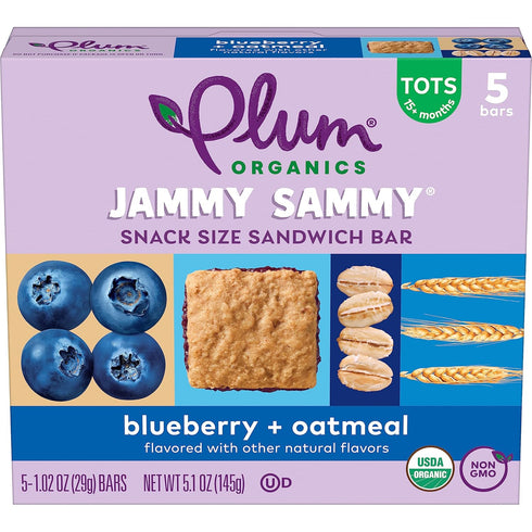 Plum Organics Jammy Sammy Snack Bars - Blueberry and Oatmeal - 1.02 oz Bars (Pack of 30) - Organic Toddler Food Snack Bars