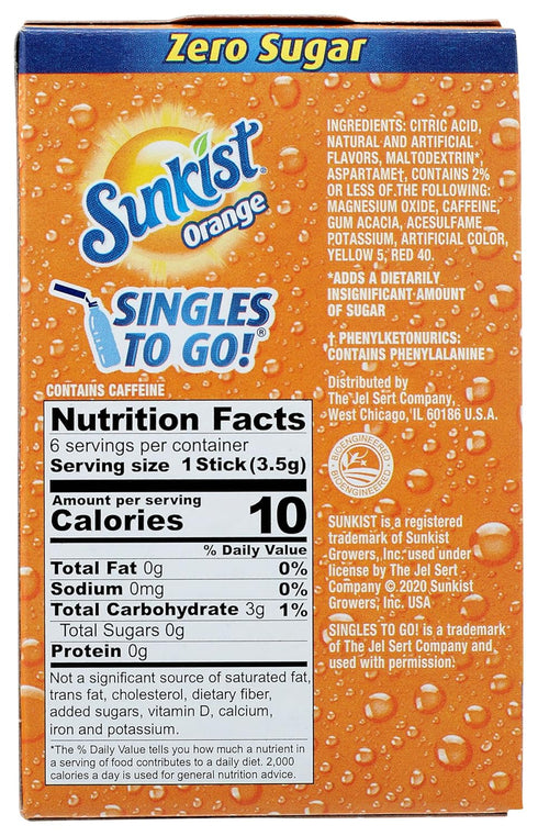 Sunkist 6 Count, 0.74 , Powdered Drink Mix Sticks Zero Sugar Singles to Go Orange Ounce