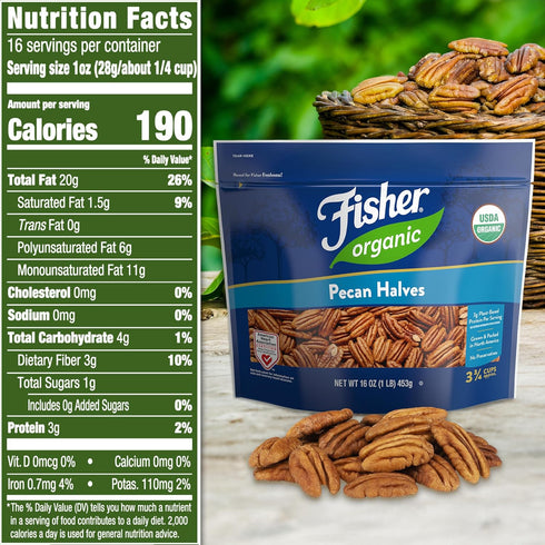 16 oz, Fisher Organic Pecans Halves USDA Certified Organic, Unsalted Raw Pecans, North American Grown, Non-GMO, No
