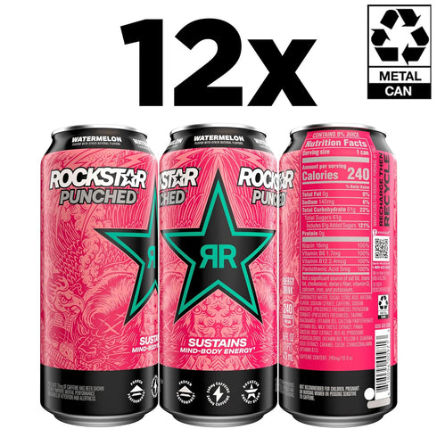 16oz (12 Pack) (Packaging Rockstar Energy Drink Punched Watermelon, Cans May Vary)