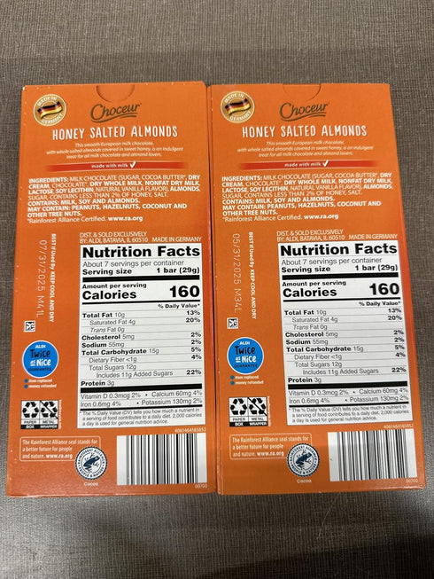 Generic 7.05 oz (Pack 2) Choceur Honey Salted Almonds Milk Chocolate Bar of Limited Edition