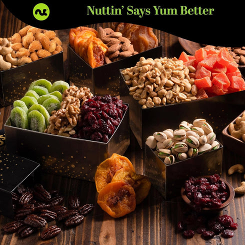 (12 Package, NUT CRAVINGS Gourmet Collection - Happy Birthday Treats, Nuts & Dried Fruits Tower Gift Basket with Bday