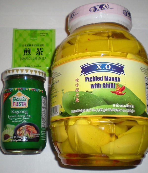 XO and Barrio Fiesta Pickled Spicy Mango and Sauteed Shrimp Fry (Regular) with Green Tea Bonus