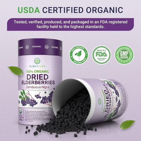 1lb Immune 1 USDA Organic Dried Elderberries Bulk Dried Mixed Fruits (Resealable Bag) Natural, Non-Irradiated, Raw