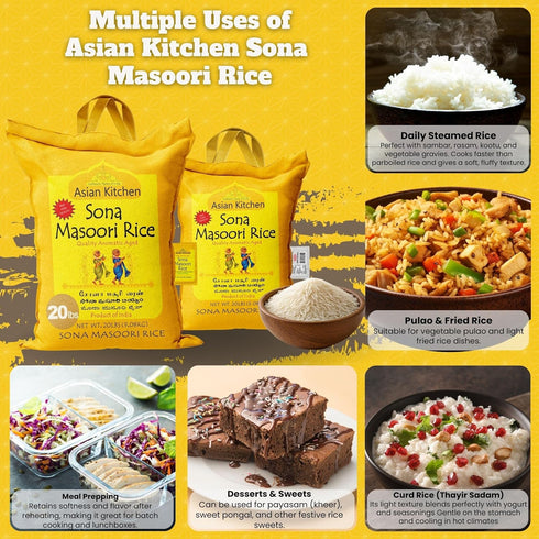 20-Pound 20lbs (9.08kg) Asian Kitchen White Sona Masoori Aged Rice Bag, Short Grain Rice ~ All Natural | Gluten