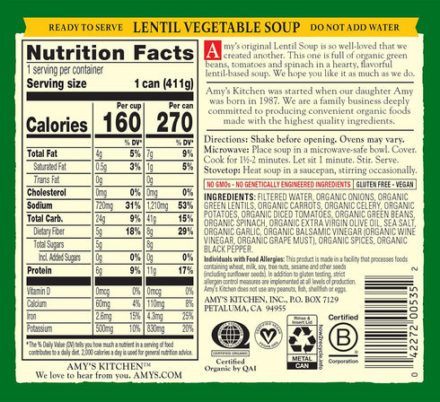 14.5 Oz (12 Pack) Amys, Vegan Lentil Vegetable Soup, Gluten Free, Made With Organic Vegetables, Canned Soup
