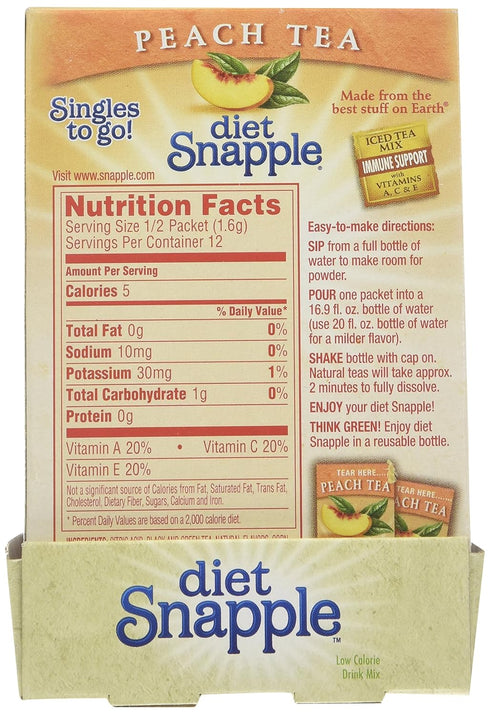 6 Diet Snapple Singles To Go Peach Tea, sticks in each box, six boxes