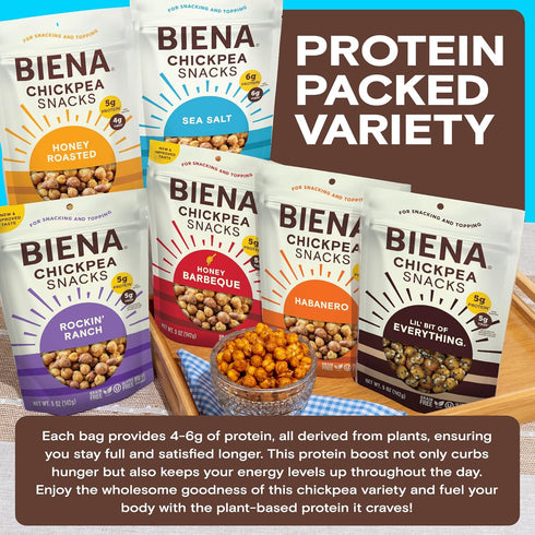 6-Pack, 5 oz BIENA Chickpea Snacks - Crunchy Roasted Chickpeas - High Fiber Vegan Protein Snack for Adults & Kids