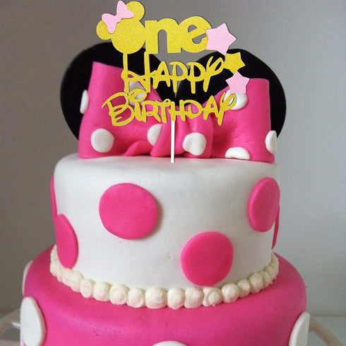 Glitter Gold Pink One Cake Topper for Girls' First Birthday Minnie Party Cake Decorations