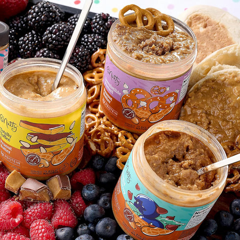 Pack 9oz Pack 4 BNutty Gourmet Peanut Butter Variety | Totally Toffee, Blissful Blueberry, Irresistible Pretzel