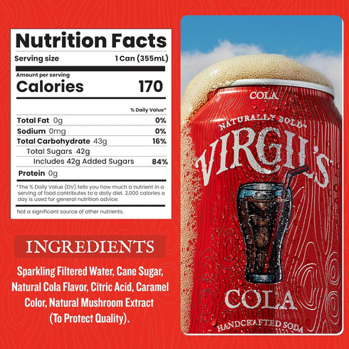 Pack 4 (12 oz Virgil's Naturally Bold Handcrafted Cola, of Cans each) - Caffeine Free Cola Soda with Pure Cane Sugar
