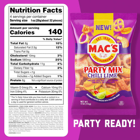 4oz (9-Pack Mac's Chili Lime Pork Skins Party Mix - Chili Lime Flavored Chicharrones Pork Rinds - Party Mix)