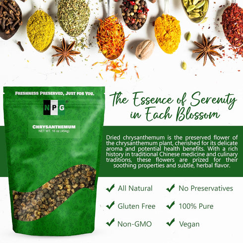 16 Oz, NPG Chrysanthemum Bud Tea Premium Dried Chinese Tai Ju Flowers, Juhua Herbal Tea, Caffeine-Free, Non-GMO Loose
