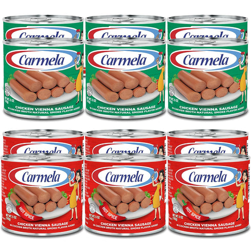 Carmela Chicken Vienna Sausage Variety Pack 12 Cans (Six Original + Six Hot