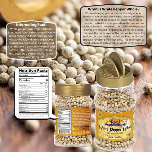 Rani White Pepper (Gol Mirch), Whole Spice, 3oz (85g) PET Jar, All Natural