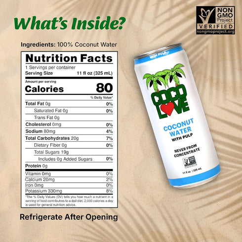 100% 11 Oz 325 mL (12 Pack) CocoLove Coconut Water with Pulp | Fl
