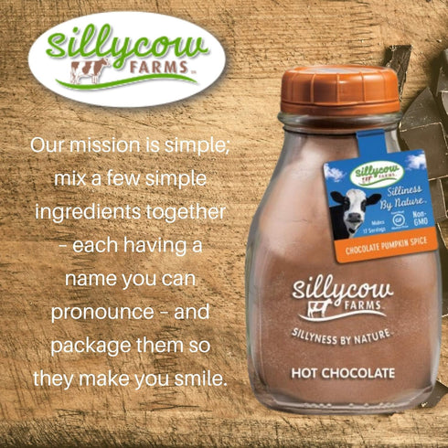 Packaging 16.9 oz Pack 6 Sillycow Farms Hot Cocoa Pumpkin Spice Mix Rich Chocolate Delight Gluten Free Non GMO Dairy