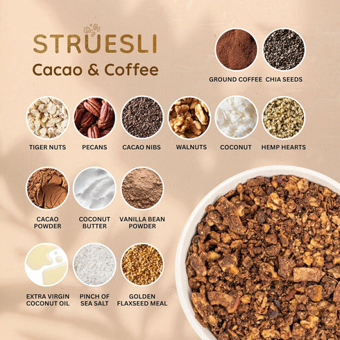 9 Oz Struesli Cacao & Coffee Organic Granola, Grain & Gluten Free, Healthy Snacks with Cacao, Coffee, Tiger Nuts