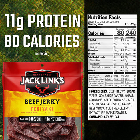 11g 80 100% 2.85 Oz. Jack Link's Beef Jerky, Teriyaki Jerky Bag Flavorful Meat Snack, Ready to Eat Protein Snack