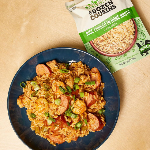Dozen 6pk, 8oz Packets A Cousins Classic Bone Broth Rice Ready to Eat Seasoned High Protein Rice, Clean Ingredients