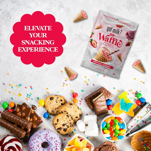 4.24 Oz. Pack got milk? Mini Waffle Cones, Strawberry Milkshake, Resealable Bag, Delicious White Chocolate Filled Cocoa