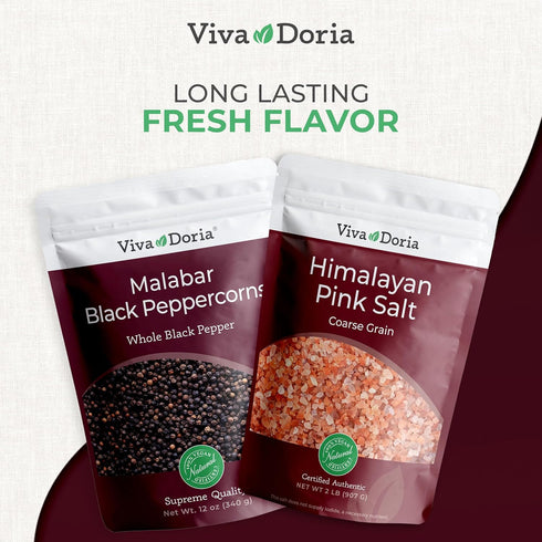 12 Oz 2 lb Pack Pack Viva Doria Malabar Whole Black Peppercorns, & Himalayan Pink Salt, Coarse Grain, | Mineral Salt