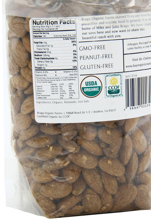 Braga Organic Farms 2 lb. Organic Roasted and Salted Almonds bag