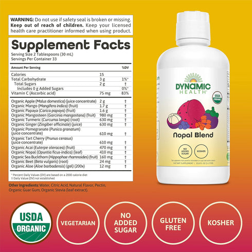 33.8oz Dynamic Health Nopal Blend Juice with Acai, Certified Organic, Mangosteen and Seabuckthorn, Natural