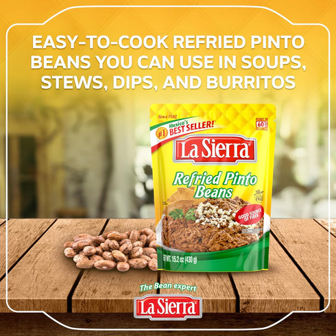 15.2 oz (Pack 8) La Sierra Refried Pinto Beans, Ready-to-Eat Vegetarian Refried Beans, Pouch