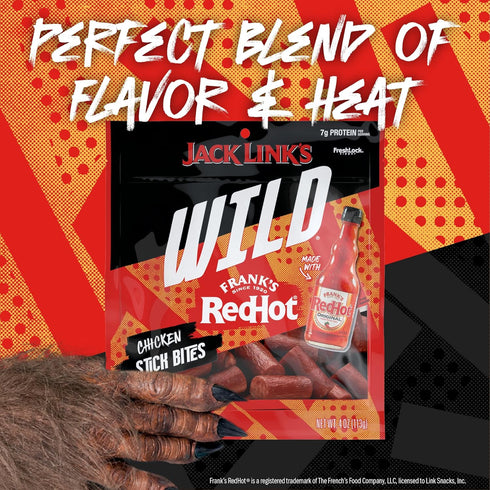 100 Packs 7g Pack 4oz (8 Count) Jack Link's Wild Chicken Stick Bites Made with Frank's RedHot Flavor, Mini Meat Sticks