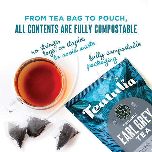 Teatulia Organic Earl Grey Tea Bags, 50 Pyramid Sachets, 100% Compostable Black Tea with Bergamot