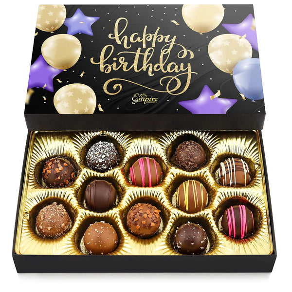 Empire Delights Happy Birthday Chocolates - 12 Assorted Milk & Dark Chocolate Truffles -