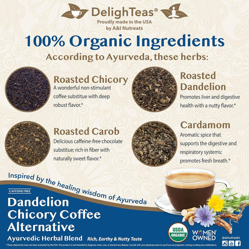 50 6oz. DelighTeas Organic Coffee Alternative | Ayurvedic Herbal Chicory Dandelion Coffee | Coffee Substitute | USDA