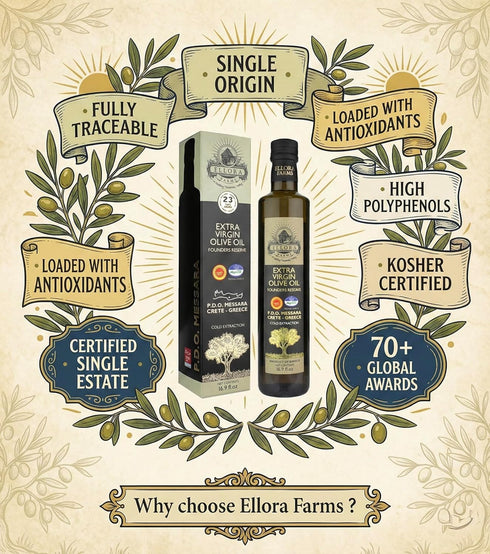 17 oz Ellora Farms, Greek Extra Virgin Olive Oil, Single Estate PDO Messara, Greece, Non GMO, cold-pressed, Polyphenol