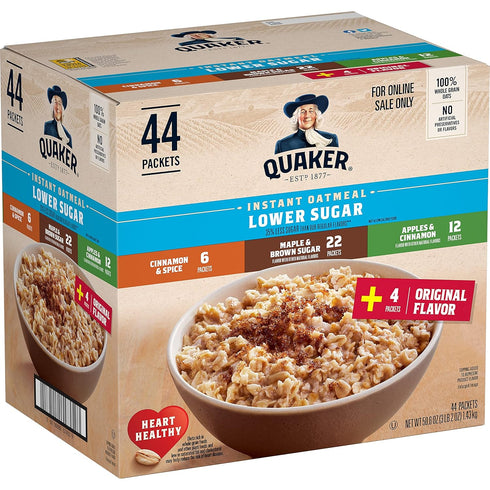 Quaker Instant Oatmeal Lower Sugar, 4 Flavor Variety Pack 44 Count (Pack