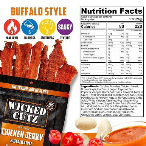 27g (2 Wicked Cutz Buffalo Chicken Jerky, Protein Per Bag, Tender & Easy to Chew Alternative to Chicken Sticks, USA