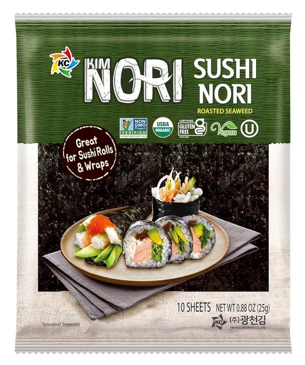 KIMNORI Sushi Nori Seaweed Sheets – 10 Full Size USDA Organic Yaki Roasted Rolls Wraps Snack 100% Natural Laver Gluten