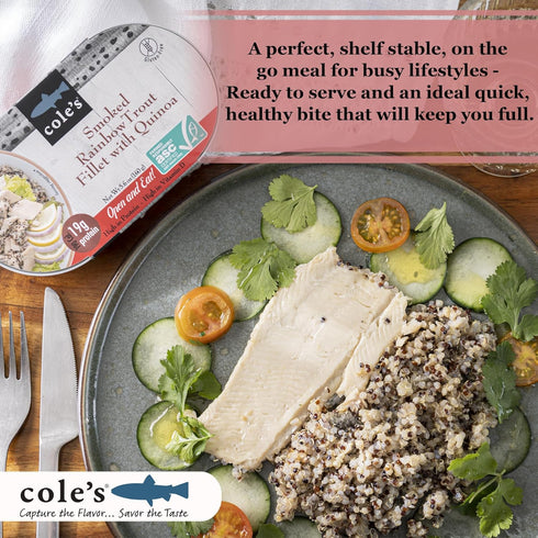 5.6 oz Hand-Packed 19g 1 COLES - Smoked Rainbow Trout Fillet with Quinoa | Open & Ready to Eat Meal | Canned & |