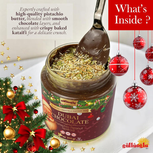 7 oz (200g) Gulluoglu Christmas Edition Dubai Chocolate Pistachio Peanut Spread in Festive Holiday Jar | Limited