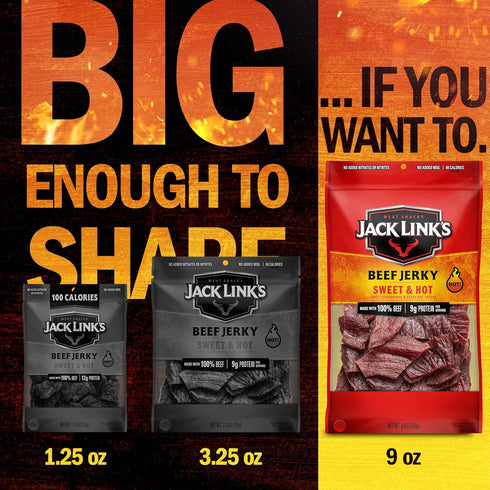 9g 100% 9 Oz. (Pack 2) Jack Link's Beef Jerky, Sweet & Hot, Large Jerky Bags - Flavorful Meat Snacks, Ready to Eat