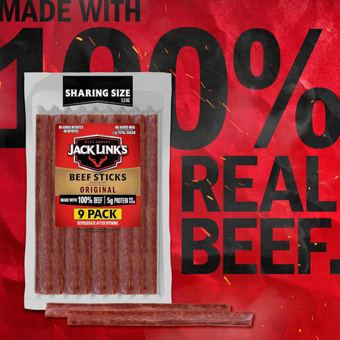 100% 7.2 Oz. Jack Link's Beef Sticks, Original Flavor Meat Snack Stick - Protein Snack, Meat Stick, Made with Beef