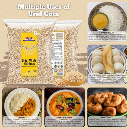 128oz (8lbs) 3.63kg Rani Urid/Urad Dal (Split Matpe Beans Skinless) Indian Lentils Bulk ~ All Natural | Gluten Friendly