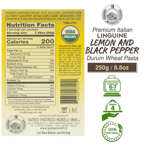 8.8 oz (Pack 2) Morelli Organic Lemon Pepper Linguine Pasta with Wheat Germ, Imported from Italy, Naturally Flavored